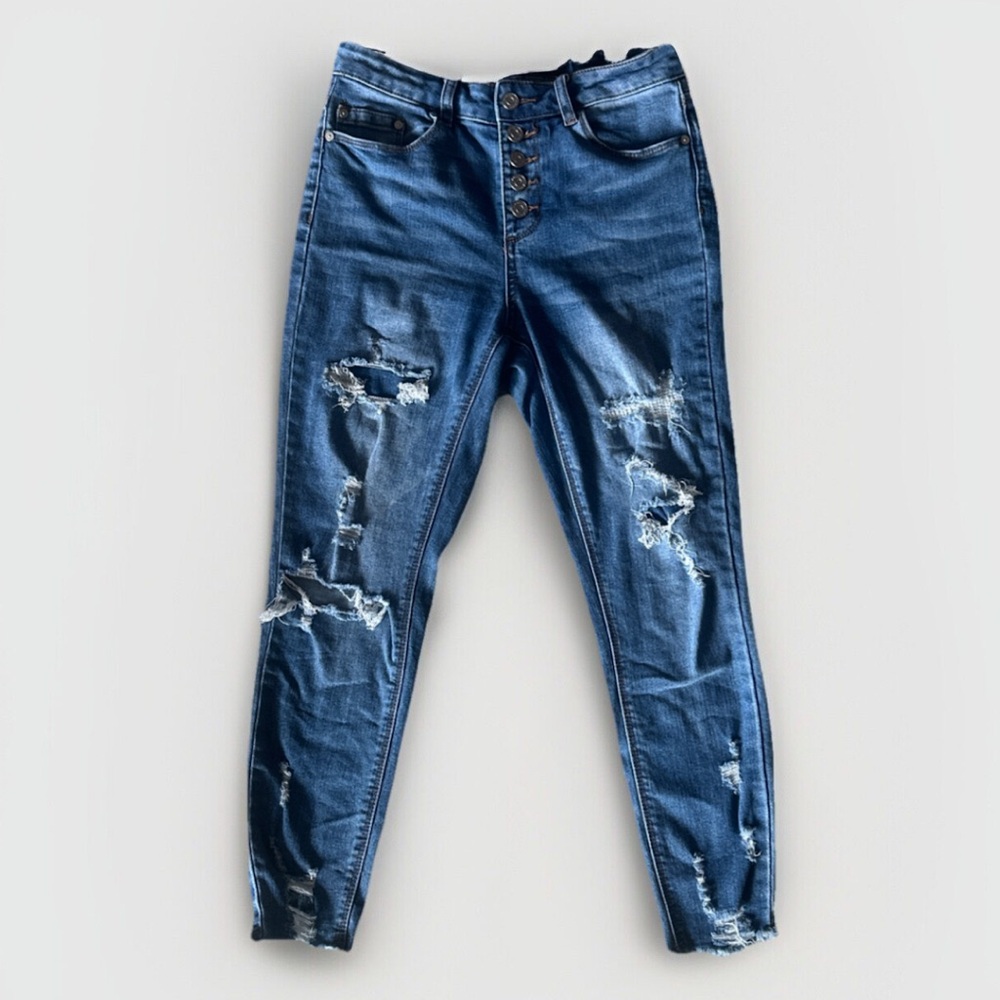 Women's Indigo Rein Distressed Skinny Jeans Button Fly Dark Wash Size 3/25 - Picture 1 of 4